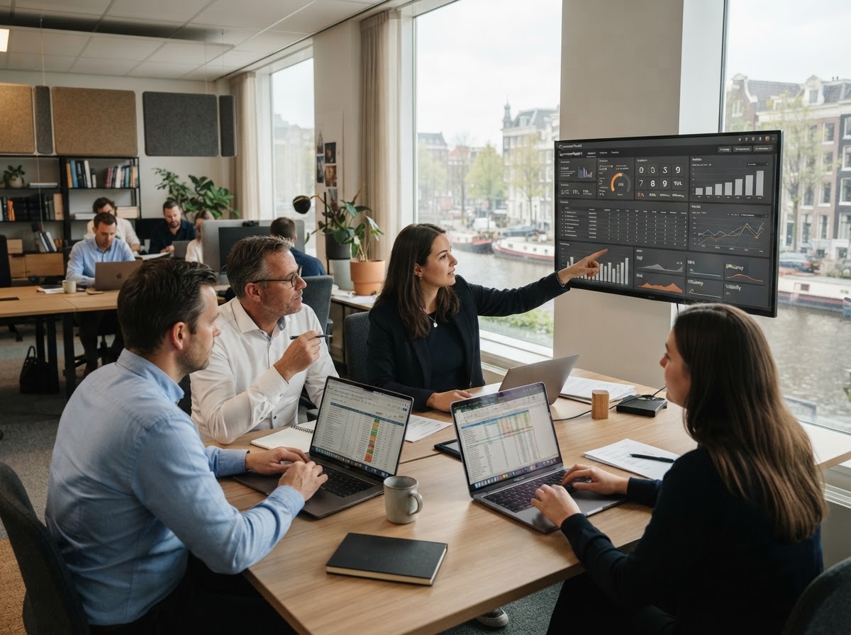 Quantum Flowbit team dat data-analyse en kapitaalstrategie bespreekt